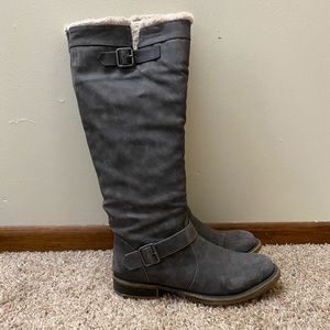 Justfab white fur trim knee-high gray buckle boots